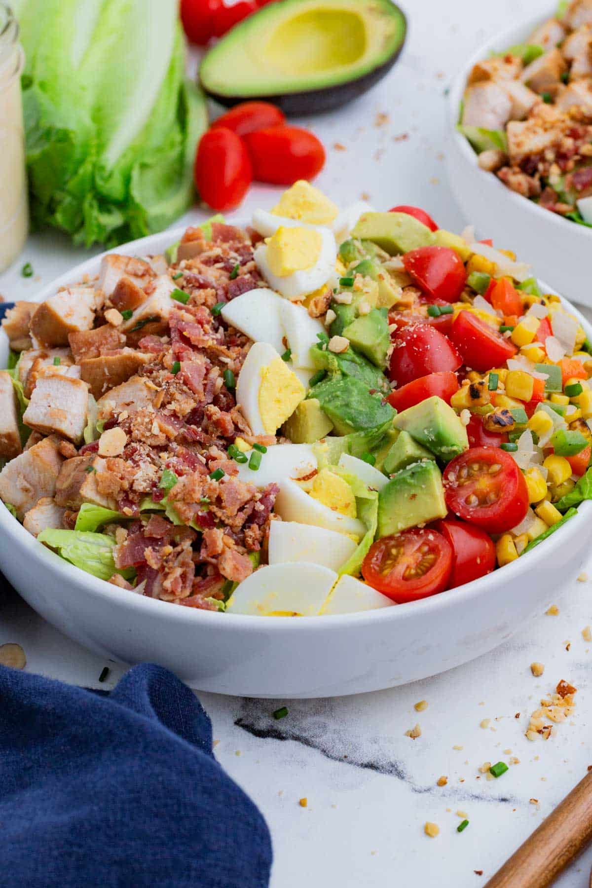 This Cobb salad includes smoky BBQ chicken along with all of the traditional toppings.