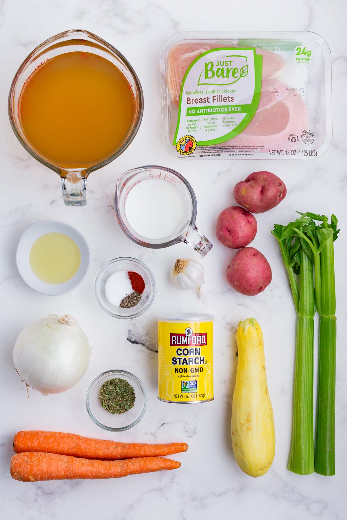 Chicken, veggies, broth, herbs, garlic, milk, and cornstarch are the ingredients for this recipe.