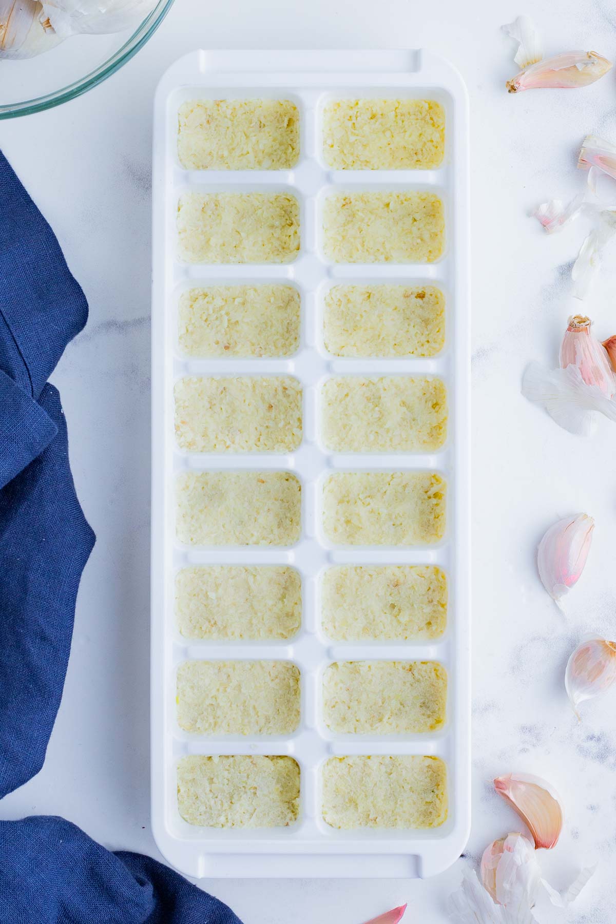 Frozen garlic in ice cube trays.