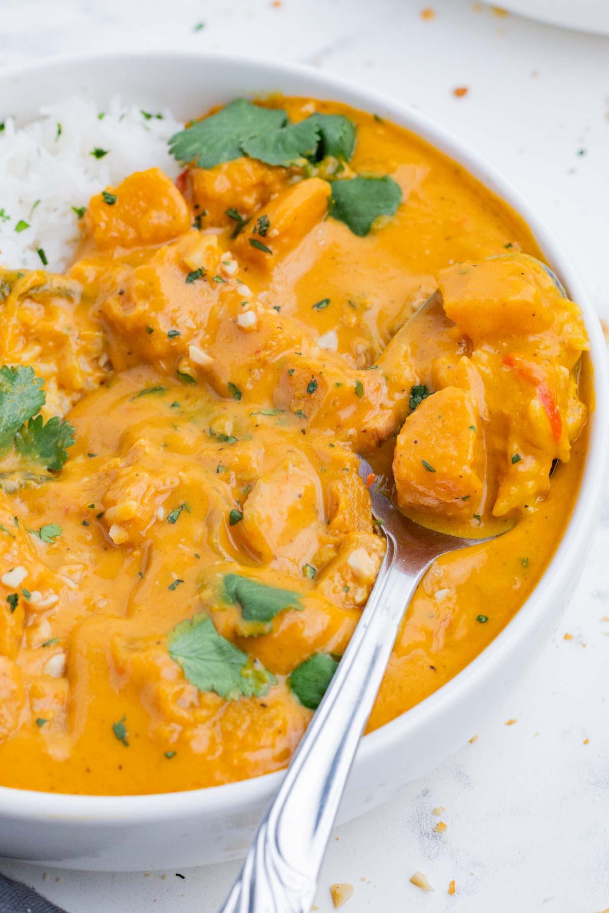 A spoon digs into a bowl full of pumpkin curry and white rice.