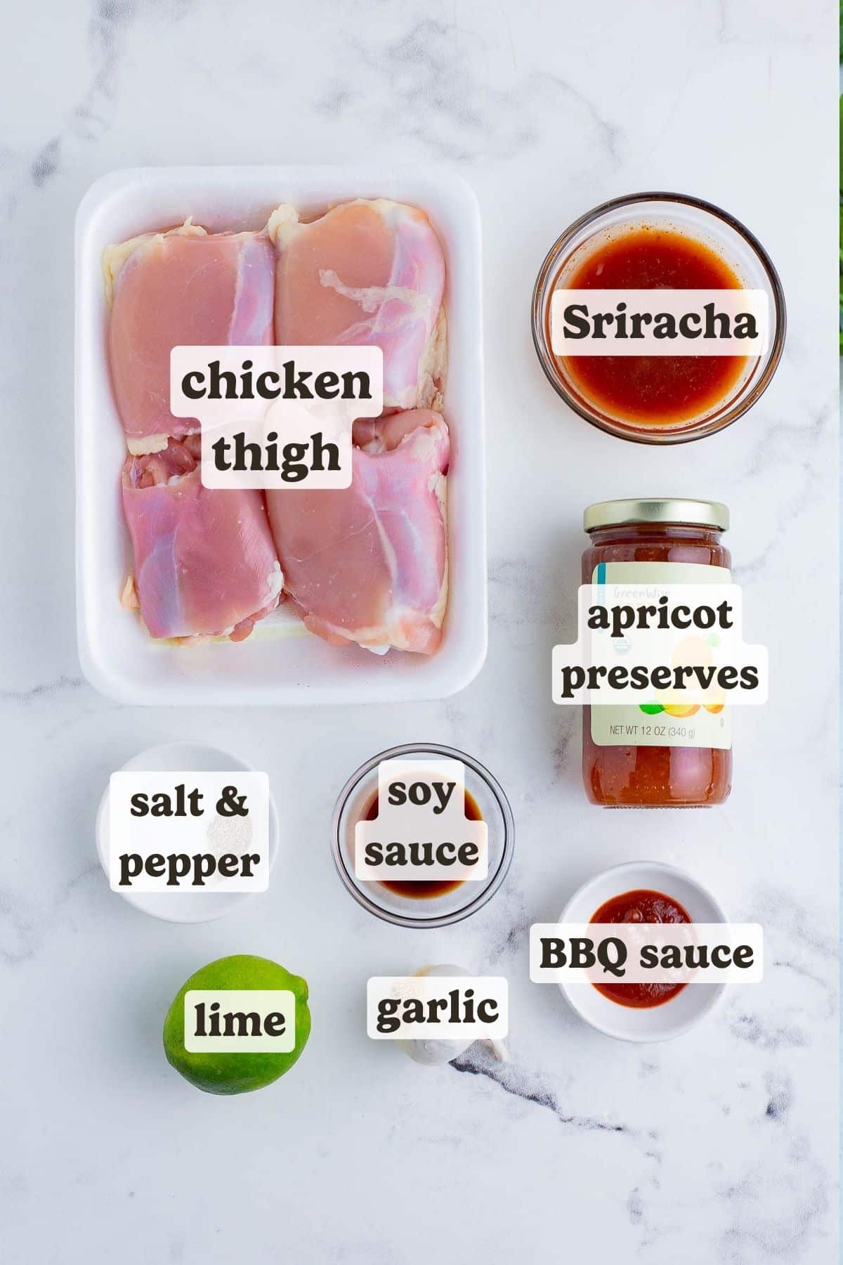 Chicken thighs, bbq sauce, apricot preserves, and seasonings are the ingredients for this apricot chicken
dish.