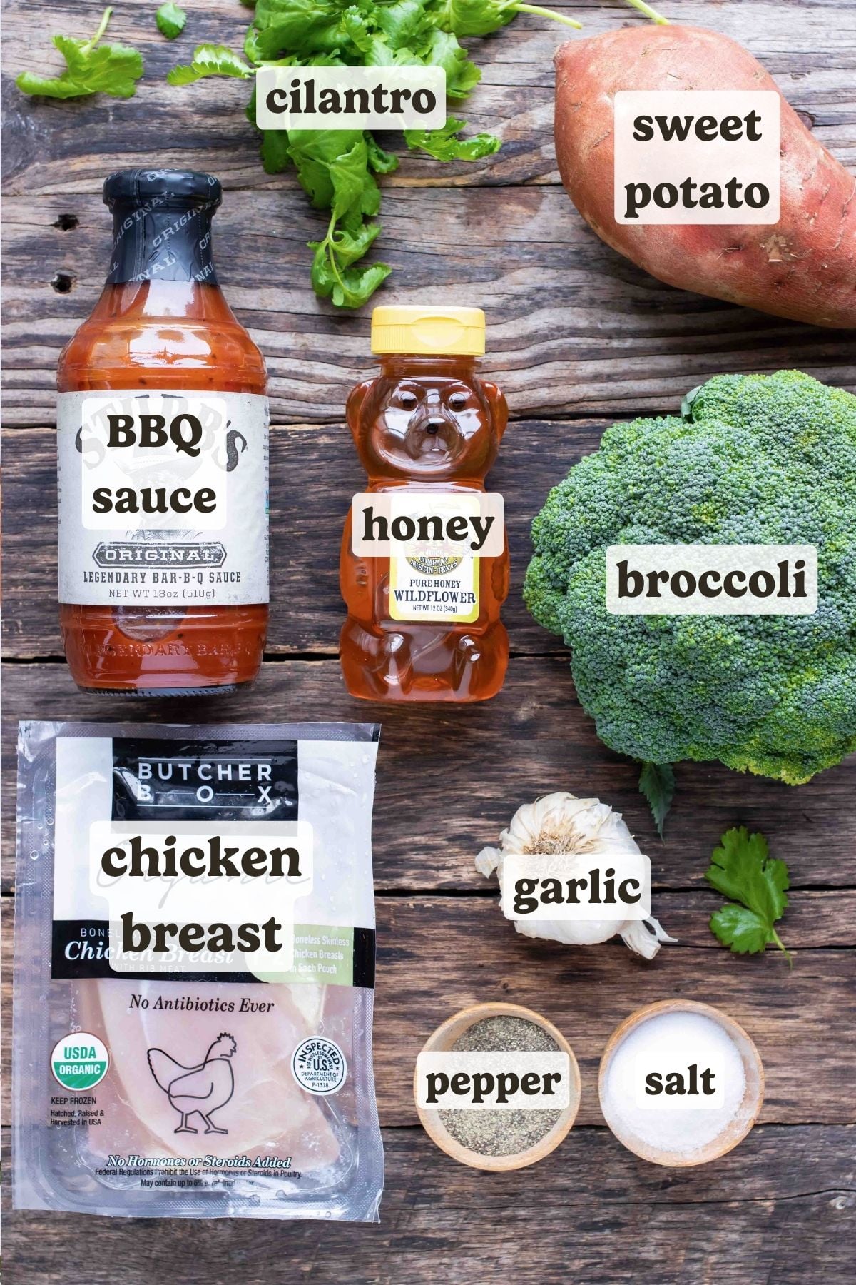BBQ sauce, honey, sweet potatoes, broccoli, chicken, and garlic as ingredients for a dinner recipe.