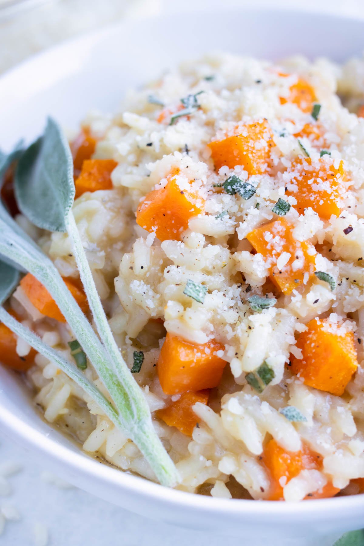 Roasted butternut squash risotto is served in a bowl for an Italian dish.