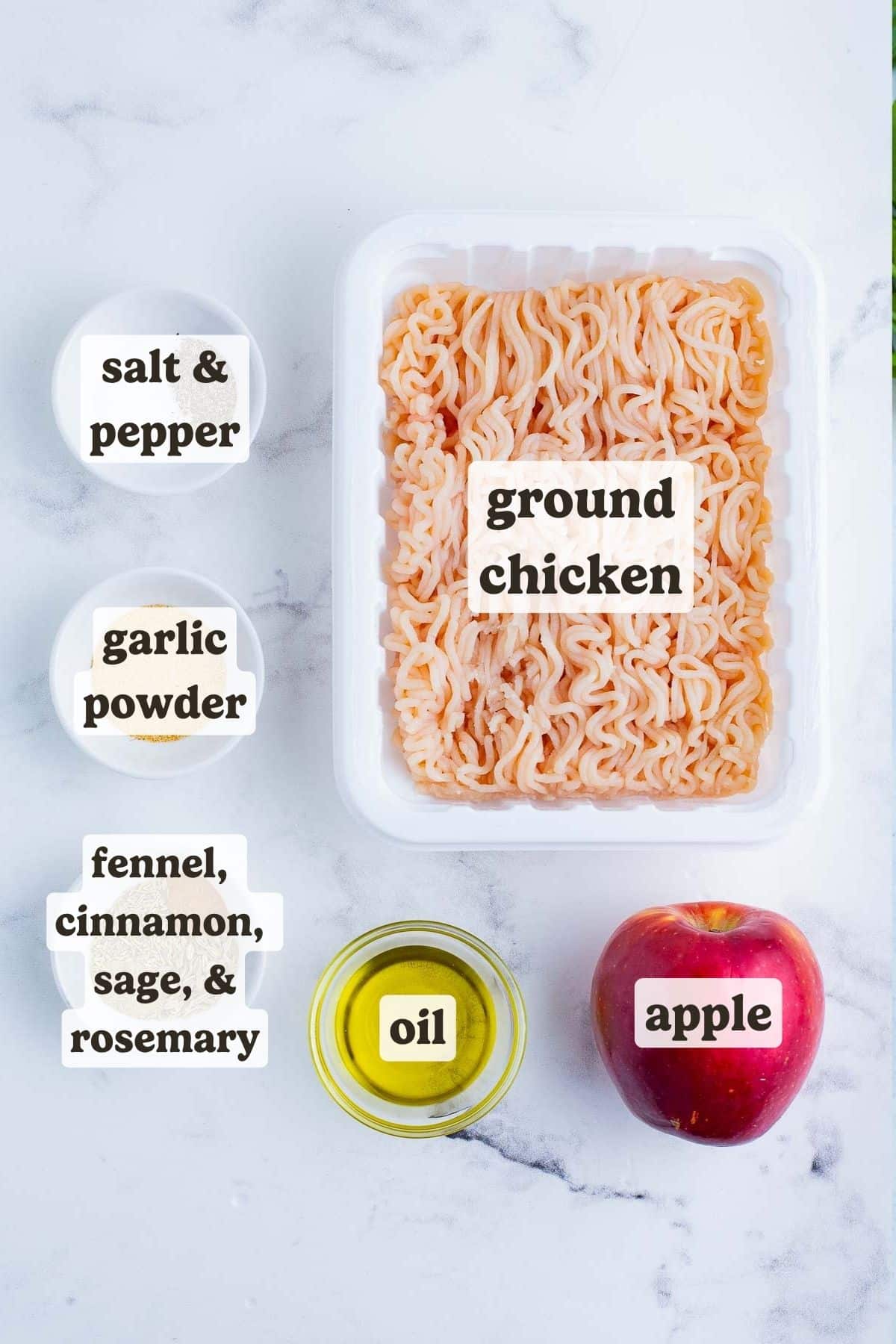 Ground chicken, an apple, and the spices for homemade chicken apple sausage.