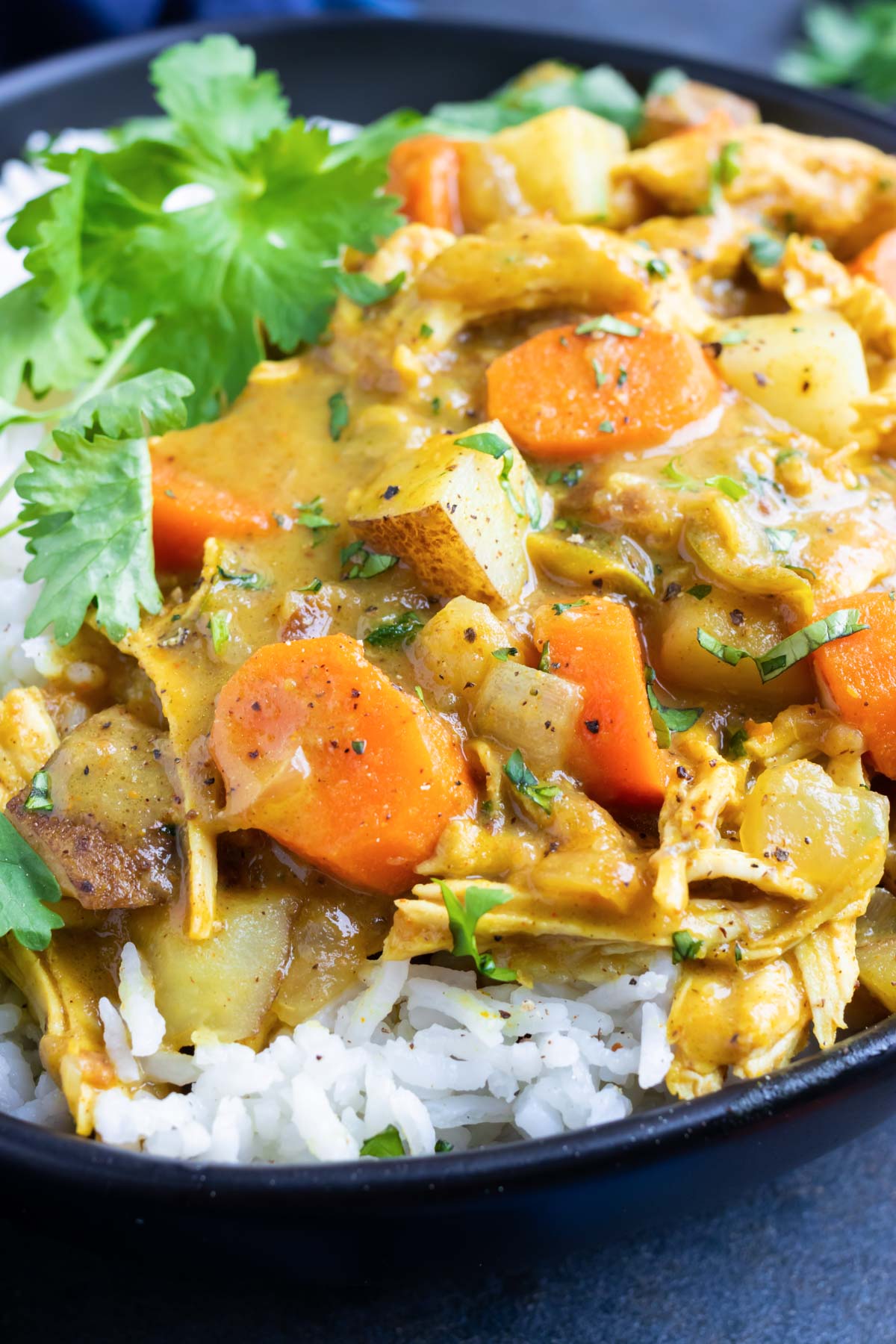 Yellow curry with shredded chicken, coconut milk, cream, carrots, and potatoes, being served as a quick and easy Instant Pot dinner recipe.
