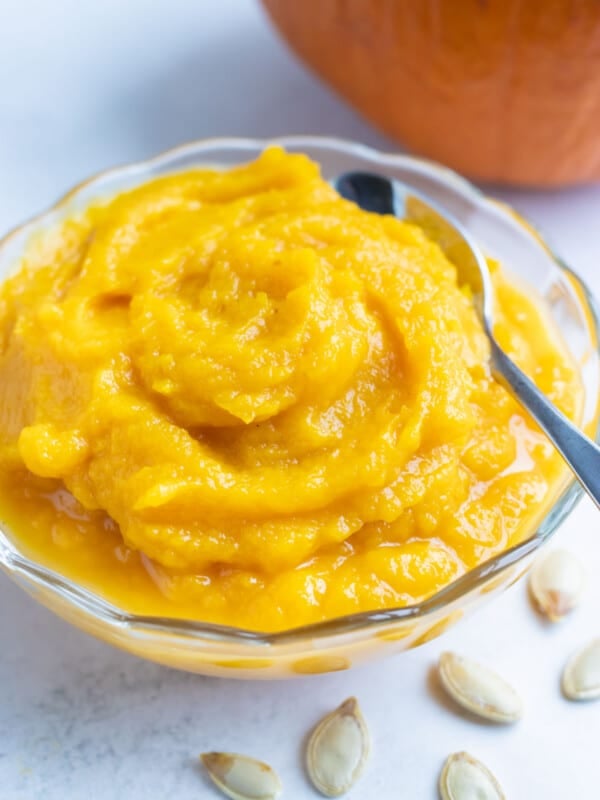 Pumpkin puree is made and placed in a bowl.