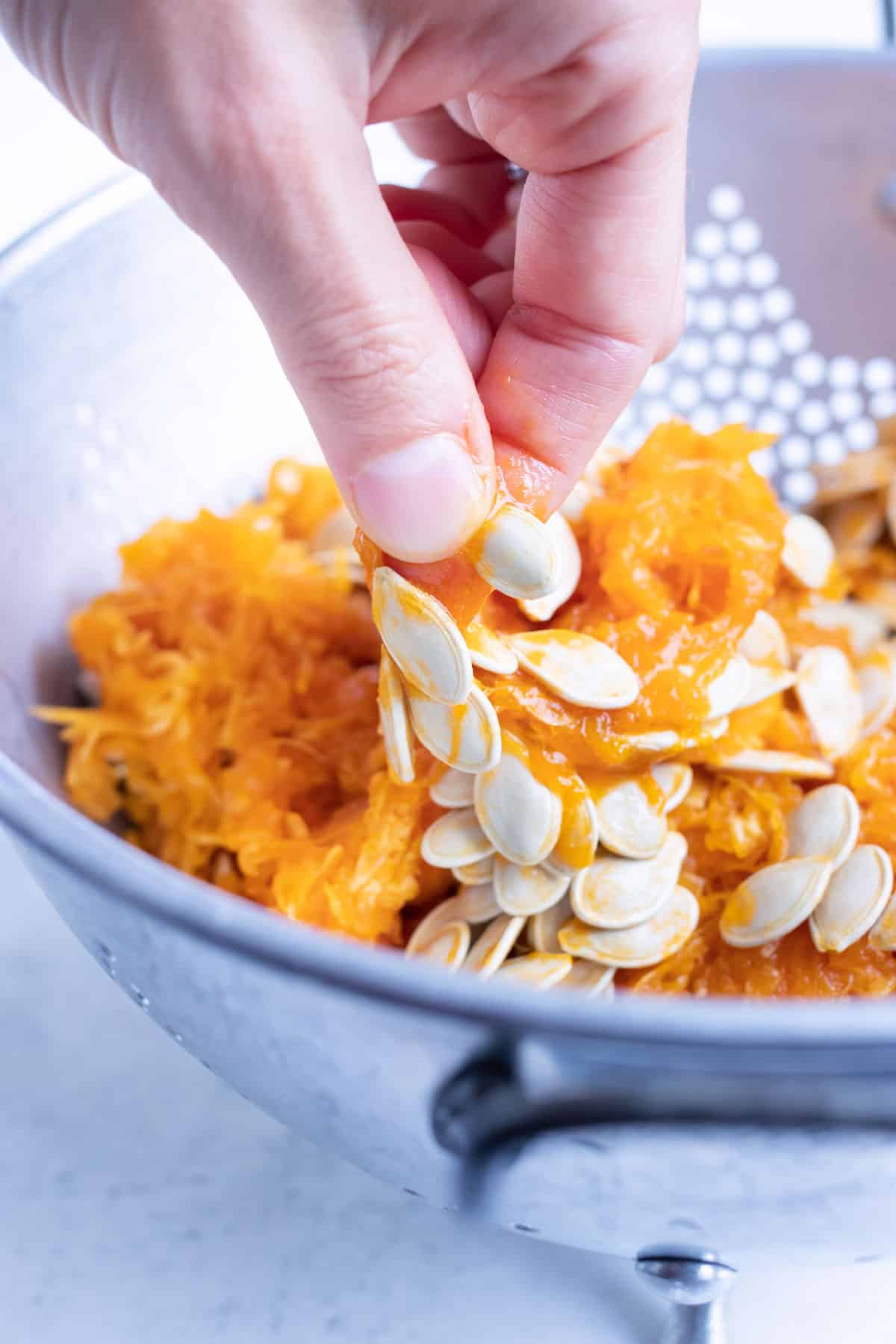 Pumpkin seeds are separated from pumpkin flesh and cleaned in a strainer.