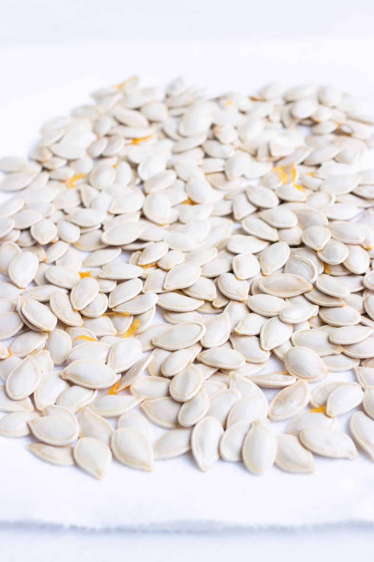 Pumpkin seeds are dried on a paper towel or dish towel.