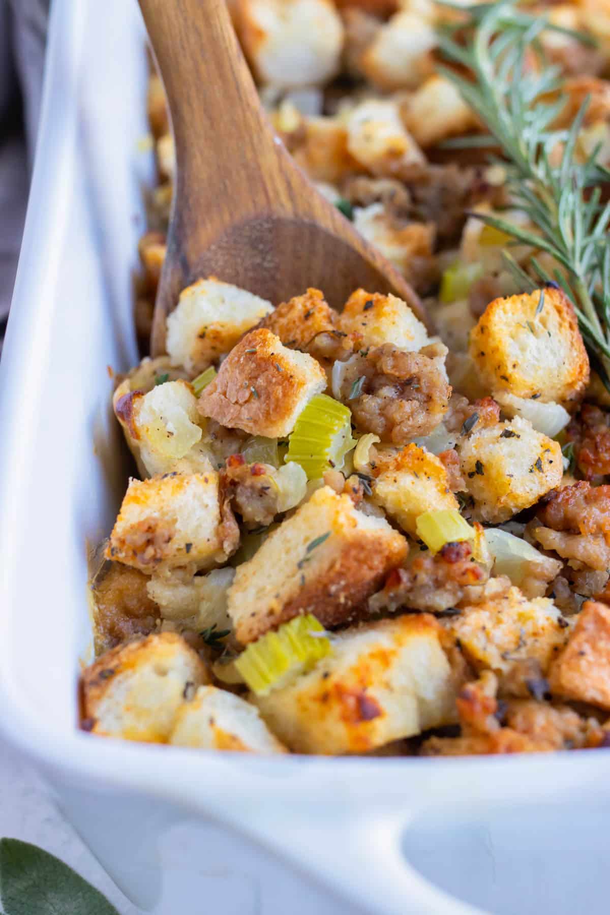 Homemade stuffing is served for the best Thanksgiving side.