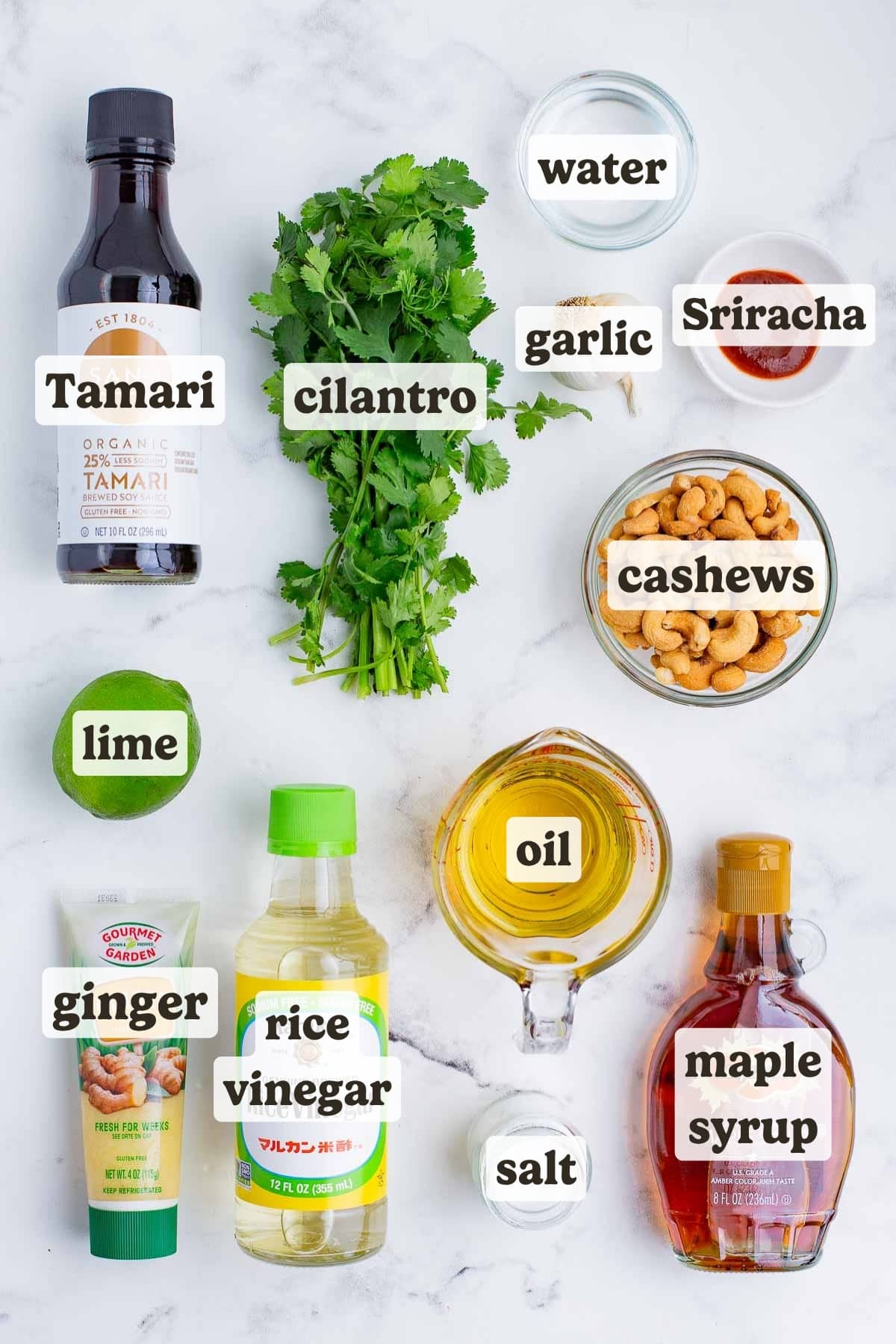 Cashews, oil, cilantro, sweetener, lime, vinegar, and hot sauce are some of the ingredients for this cashew dressing.
