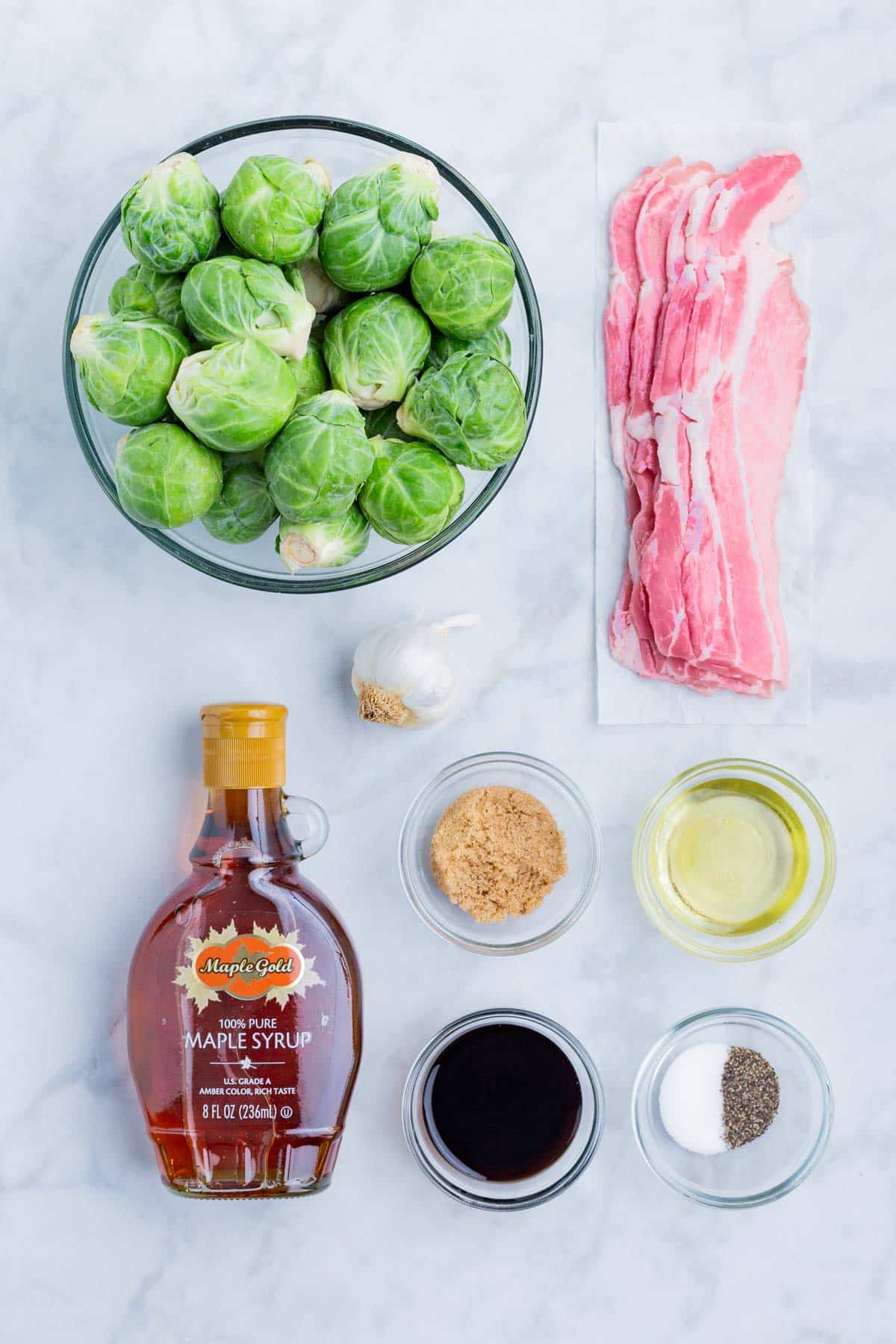 Brussels sprouts, bacon, brown sugar, maple syrup, balsamic vinegar, and seasonings are the ingredients for this dish.
