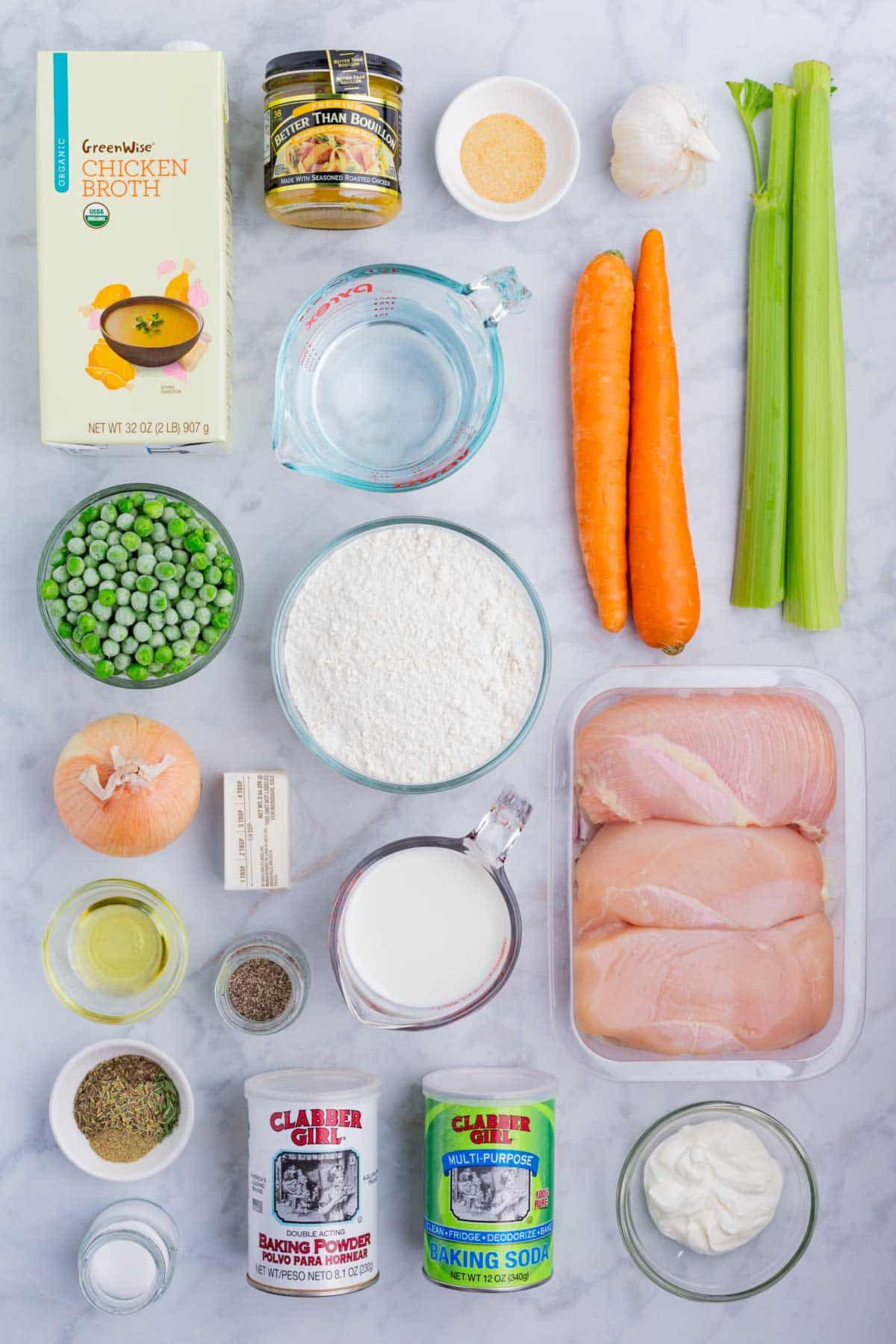 Chicken, celery, carrots, peas, flour, herbs, spices, and milk are the main ingredients for this dish.