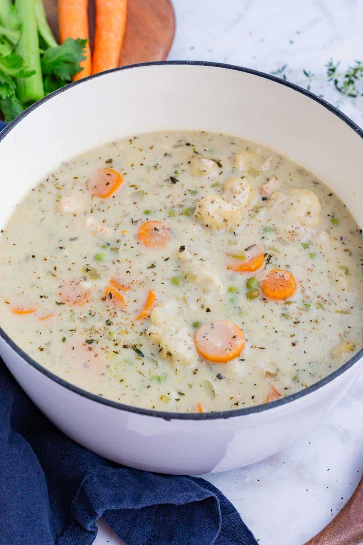 Chicken and dumpling soup is a creamy, homemade Fall recipe.