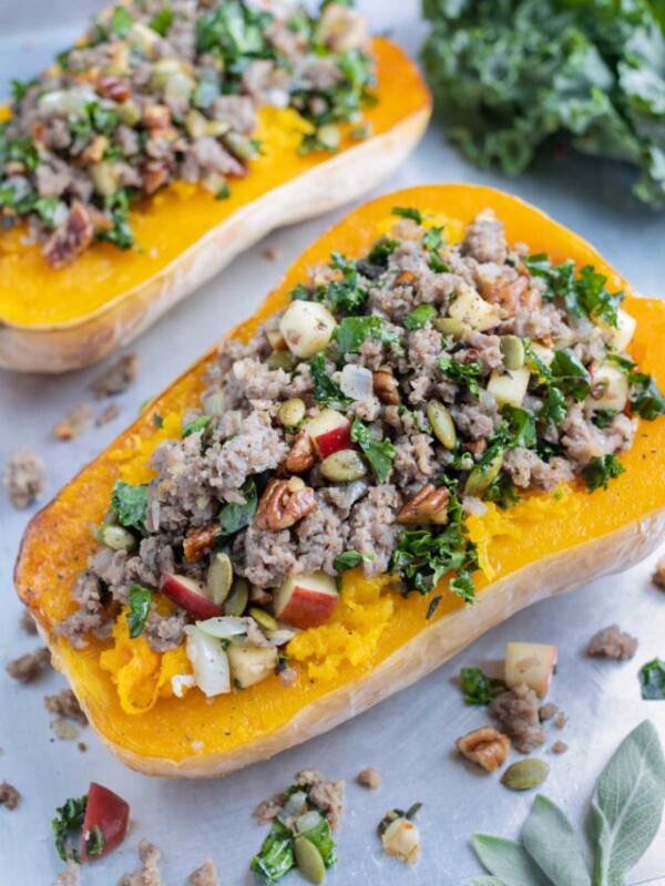 The stuffed butternut squash is served for a healthy and filling dinner.