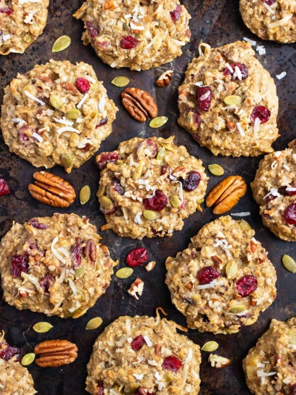 A batch of breakfast cookies are shown on the counter for meal prep.