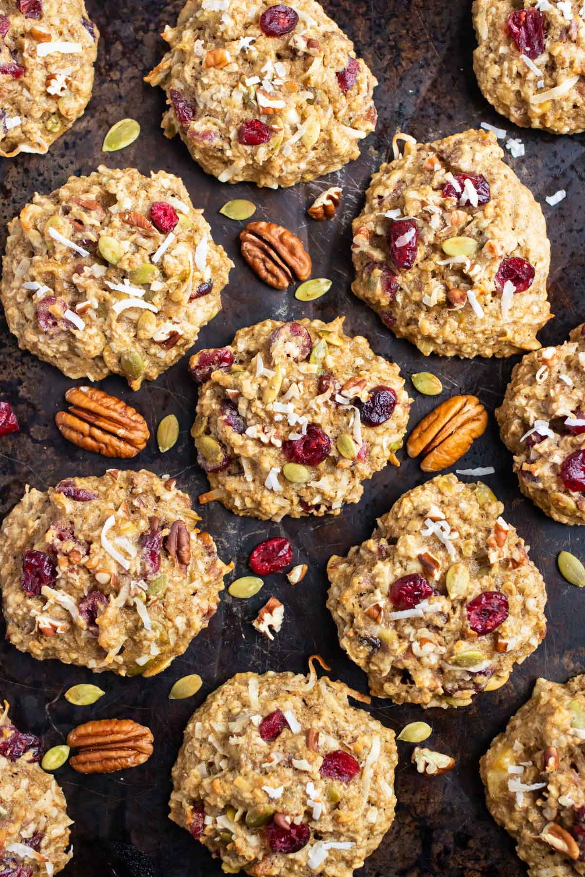 Breakfast Oatmeal Cookies RECIPE scattered on a plate.