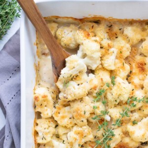 Cauliflower gratin is baked in the oven for a low-carb side dish.