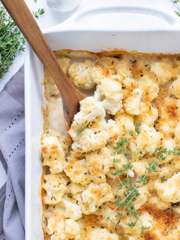 Cauliflower gratin is baked in the oven for a low-carb side dish.