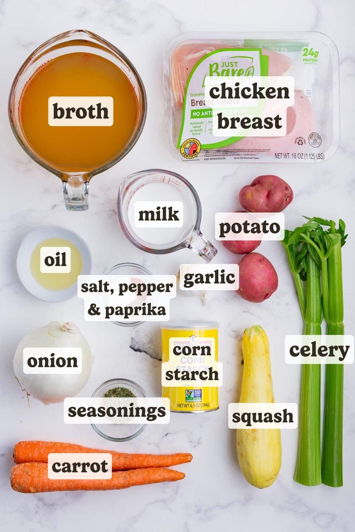 Chicken, veggies, broth, herbs, garlic, milk, and cornstarch are the ingredients for this chicken and vegetable soup recipe.