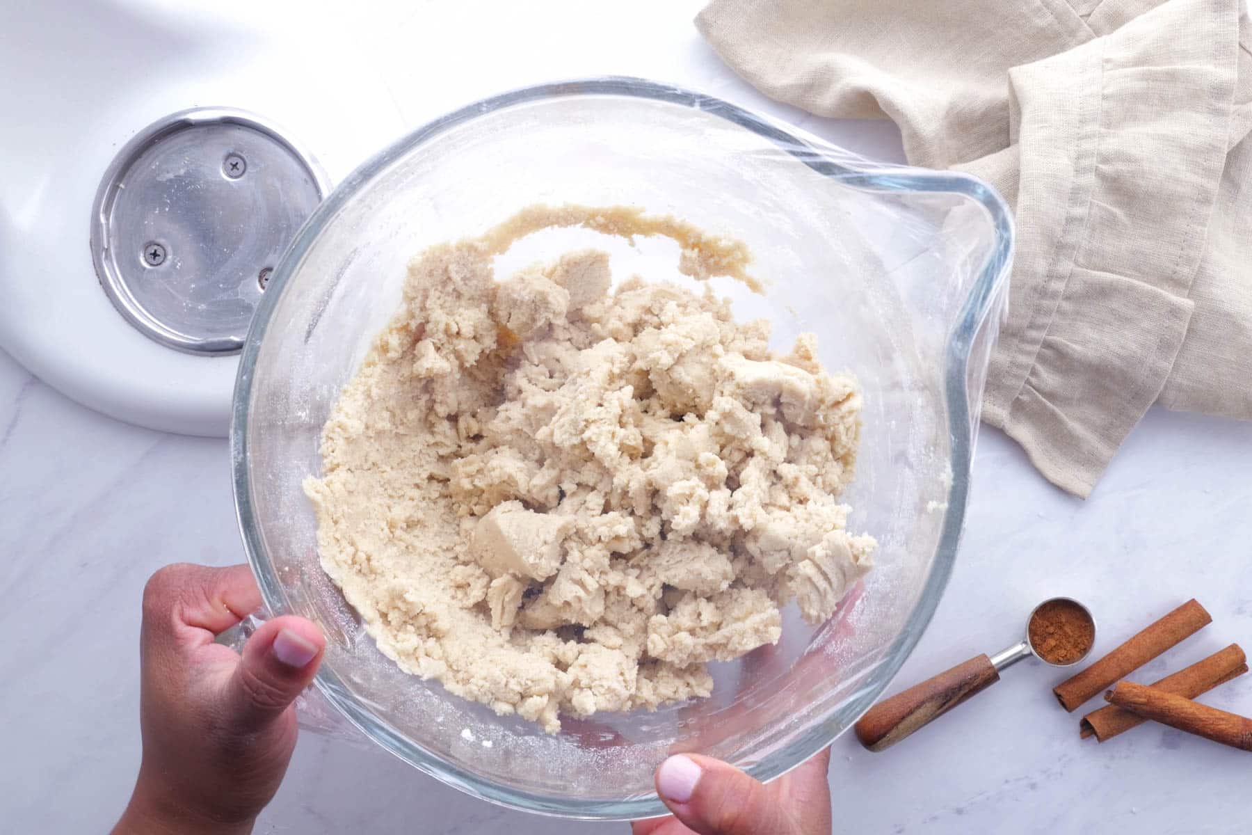 Cookie dough is made in a stand mixer.