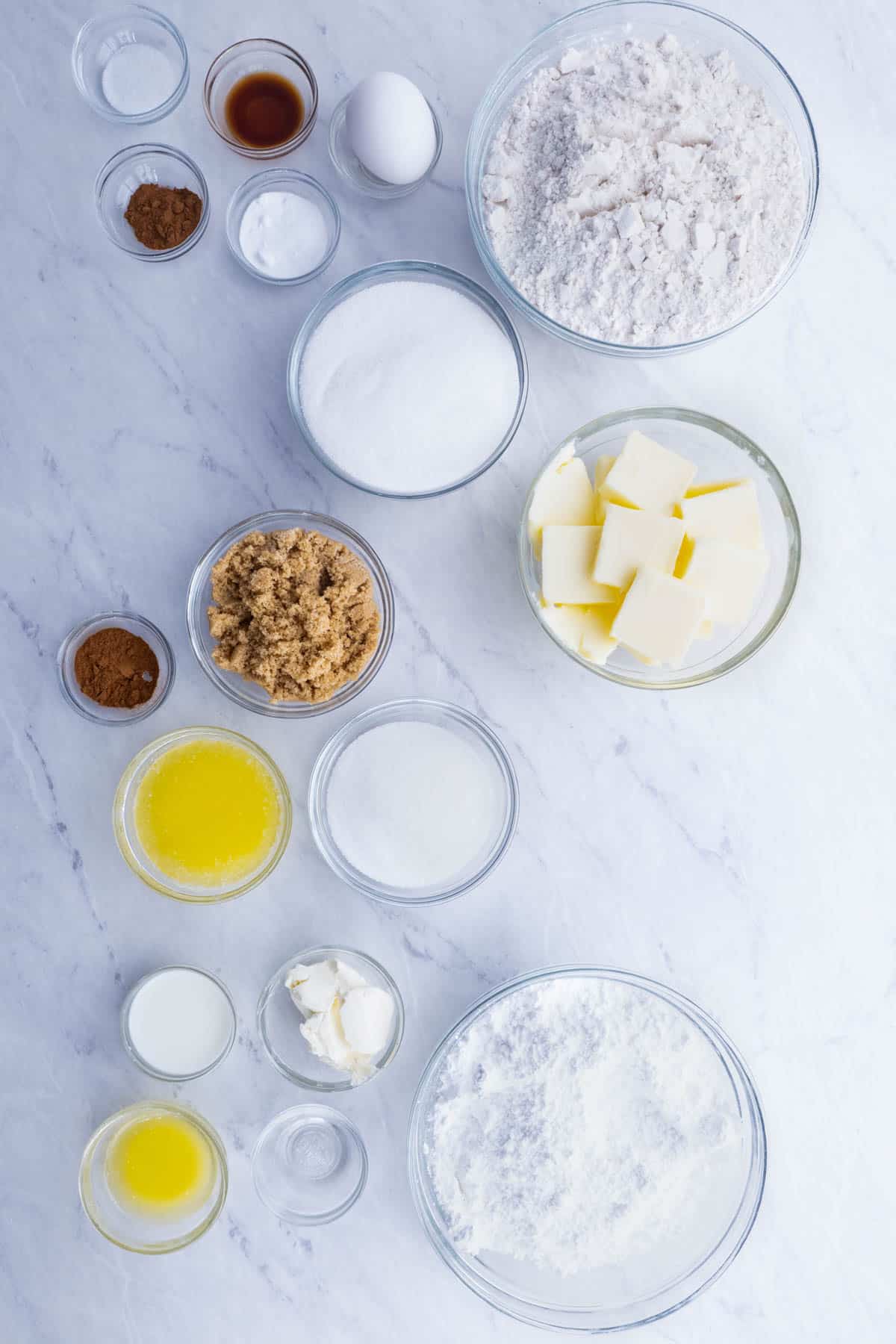 Flour, sugar, butter, cinnamon, sugar, and spices are the main ingredients for this recipe.