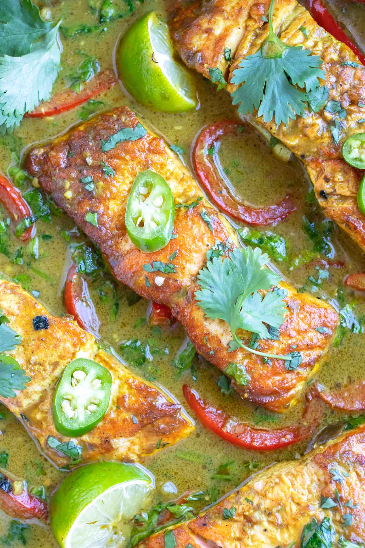 Close-up of creamy coconut milk salmon curry with seared salmon, red bell pepper, and cilantro.