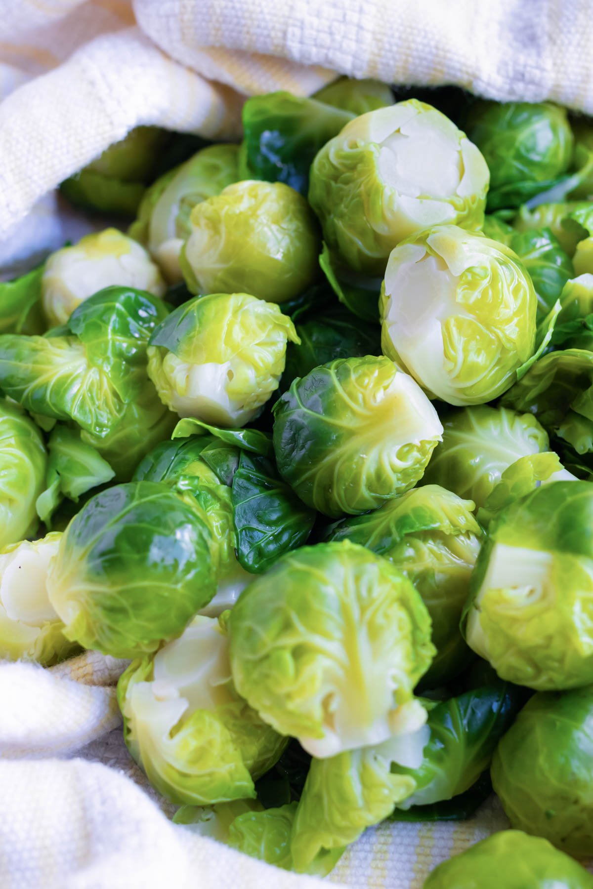 Brussels sprouts in a white towel.