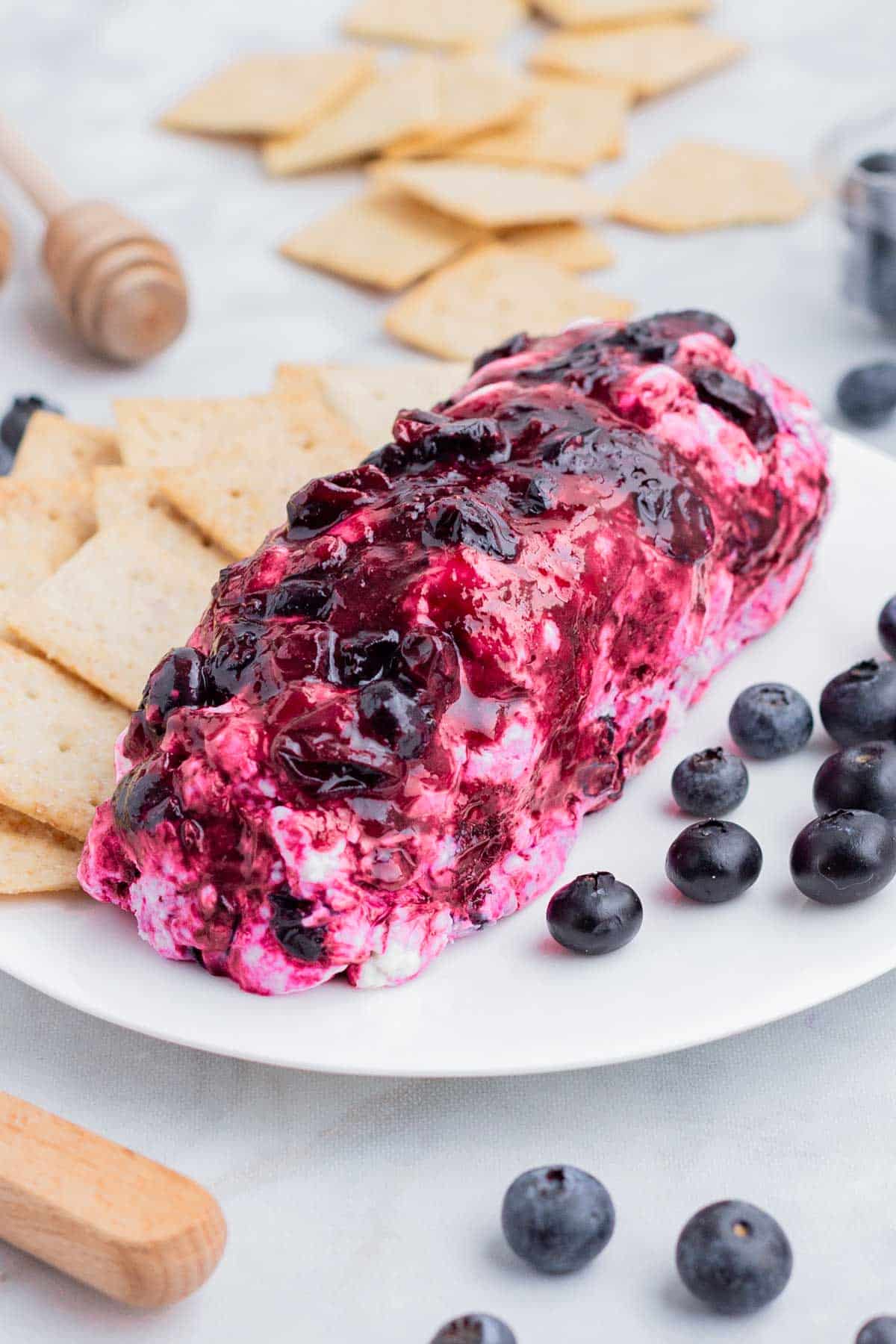 Blueberry goat cheese is served alongside crackers on a white plate.