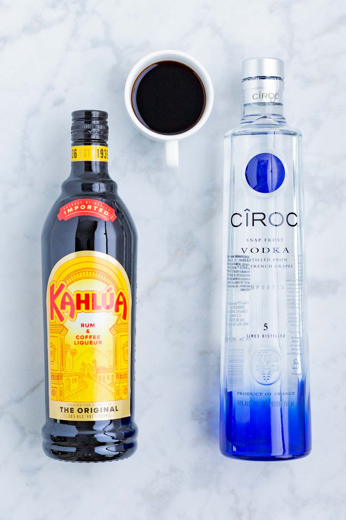 Vodka, coffee, and Kahlua are the ingredients for this drink.