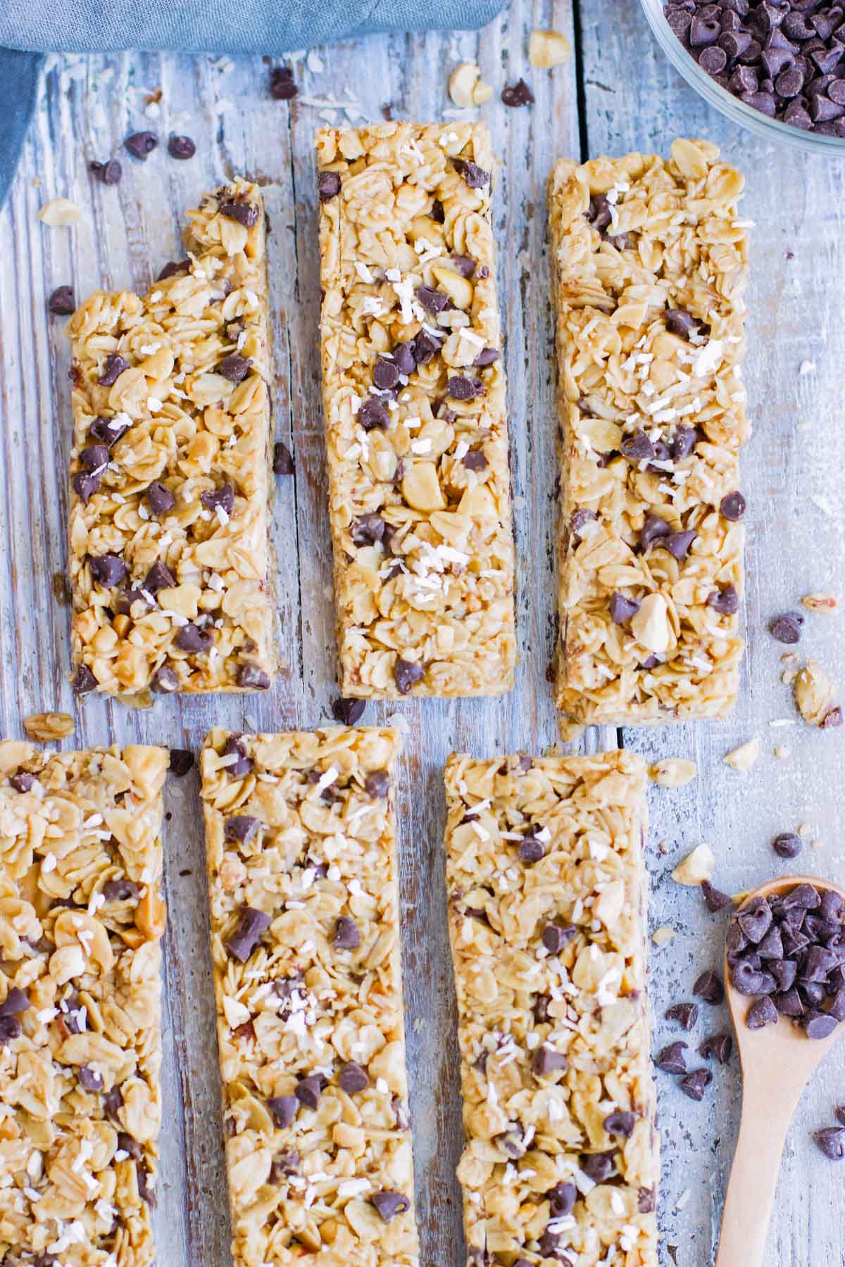 An overhead picture of No Bake Peanut Butter Granola Bars in two rows.