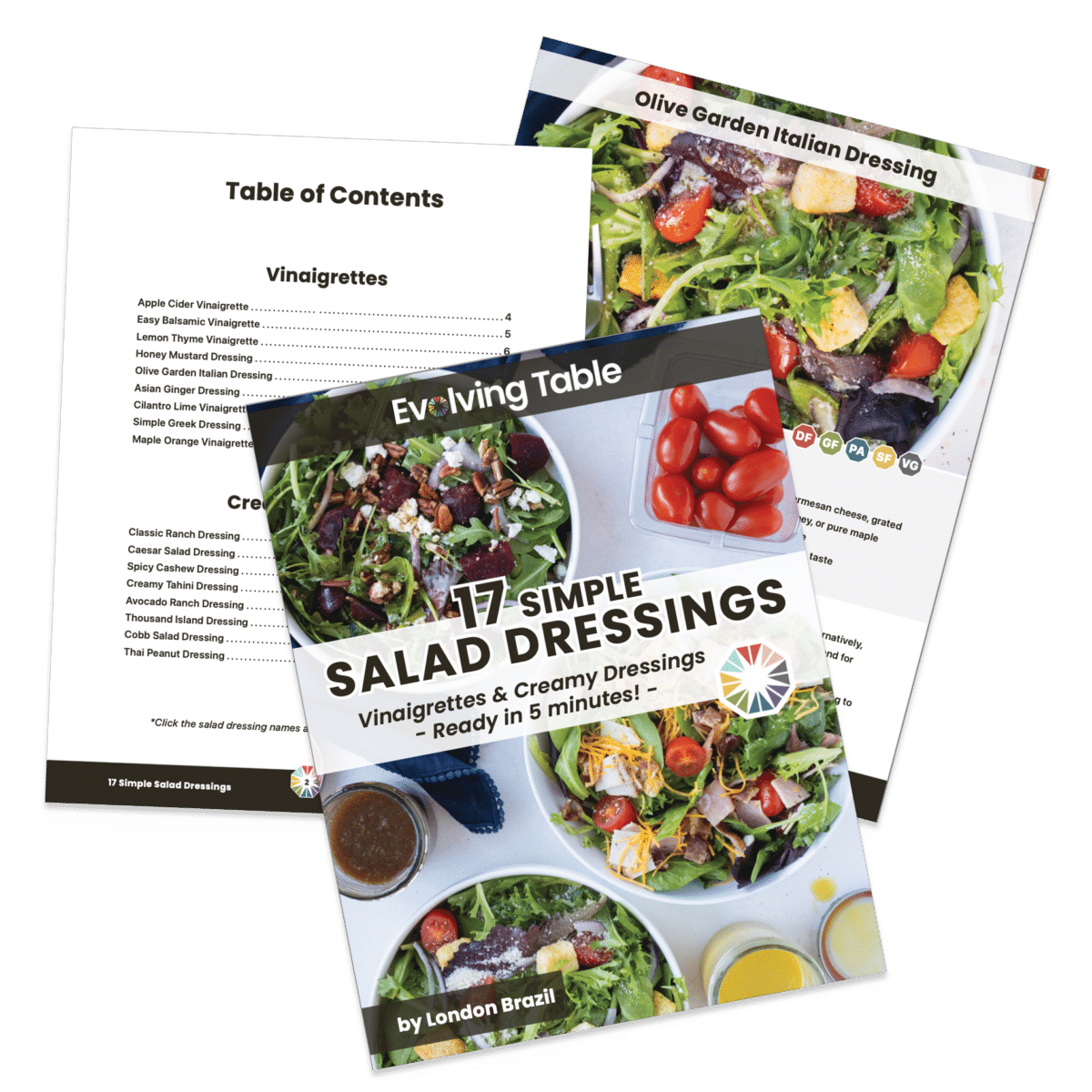 A cover, table of contents, and recipe page for the 17 healthy salad dressings e-book.