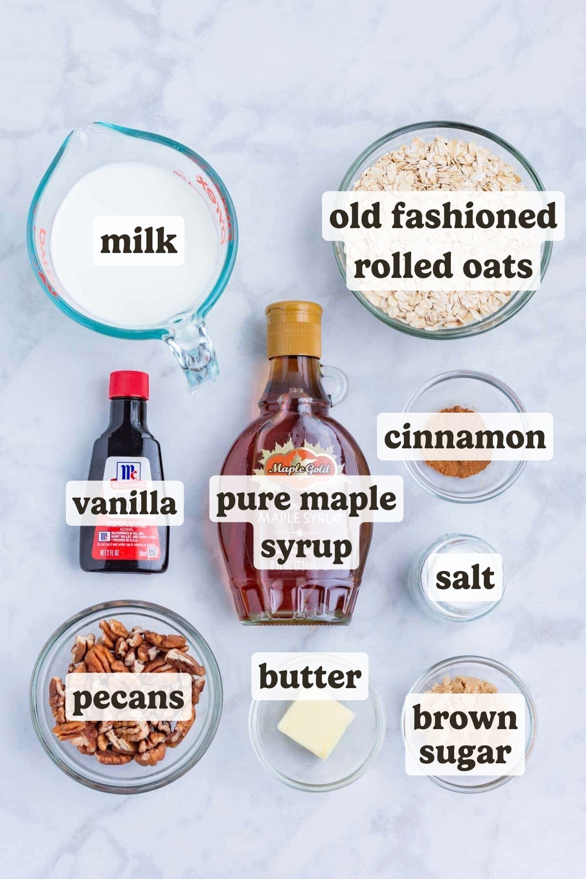 Oatmeal, maple syrup, brown sugar, milk, salt, and cinnamon are the ingredients for this oatmeal recipe.