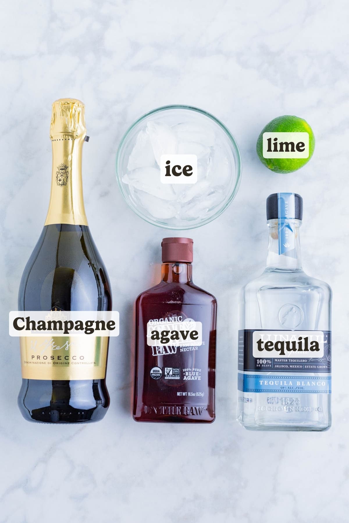 Tequila, champagne, agave nectar, and limes are the ingredients for this Mexican 75 drink.