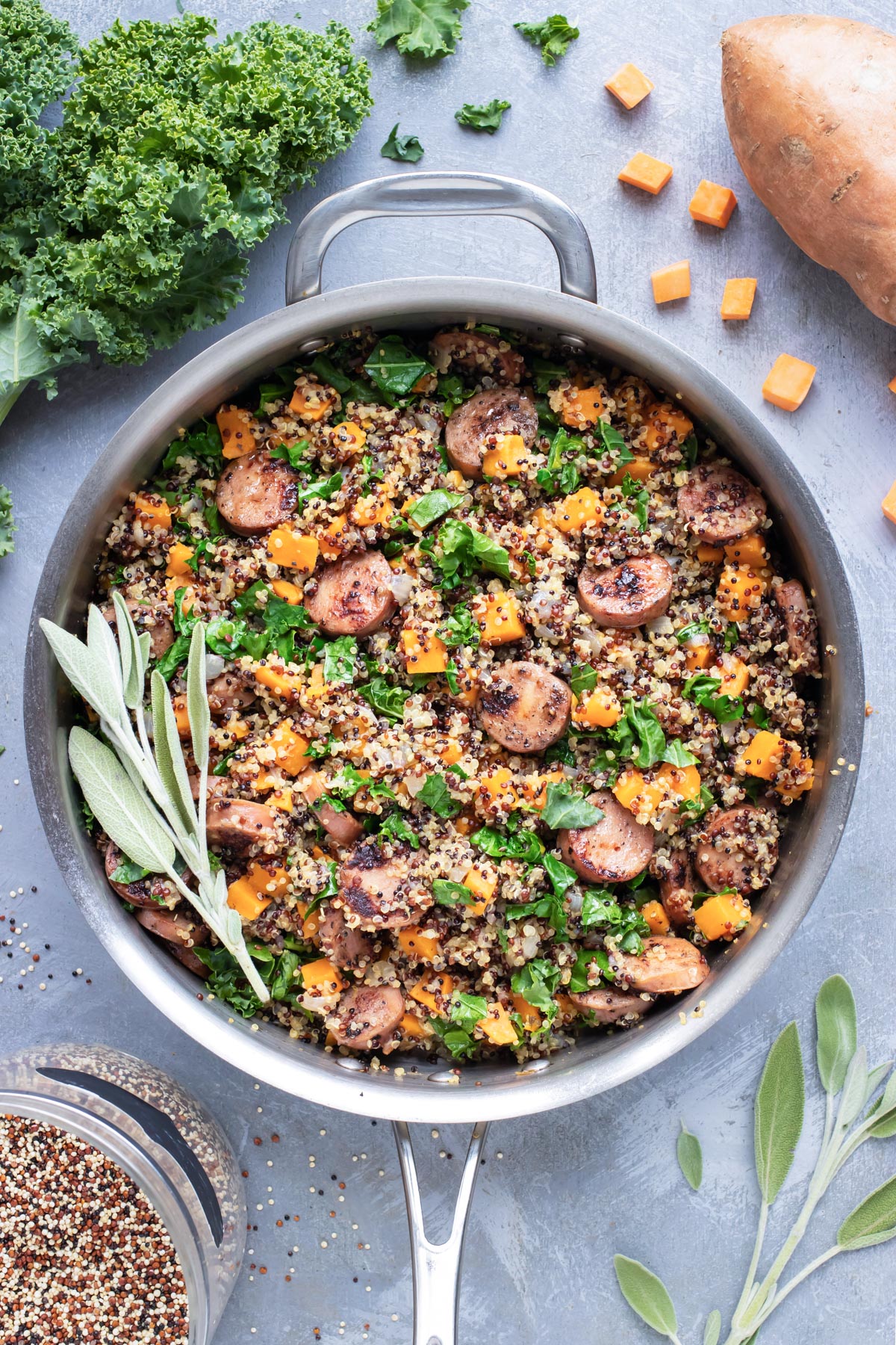 Sweet Potato and Sausage Quinoa Bowl RECIPE served in a white bowl.