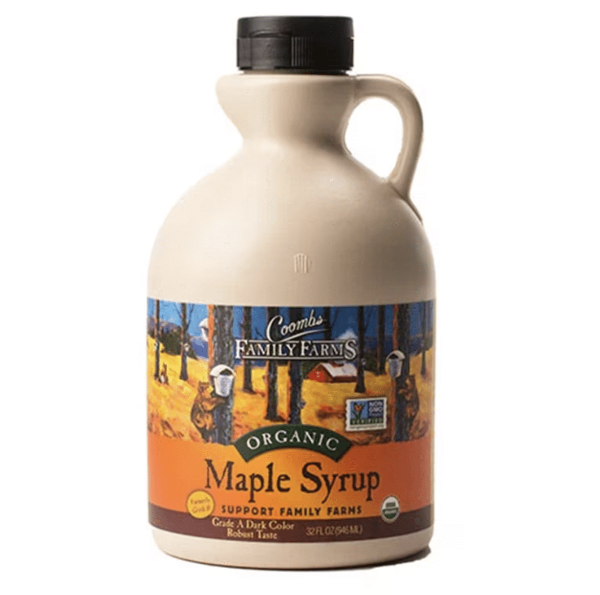 Jar of Coomb's family farms organic pure dark maple syrup.