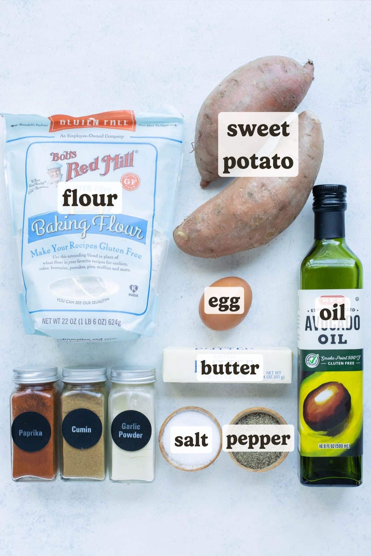 Sweet potatoes, an egg, butter, oil, flour, and seasonings are the ingredients for this sweet potato hash brown recipe.