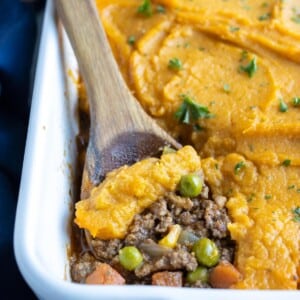 A baking dish of sweet potato shepherd's pie is served for dinner.