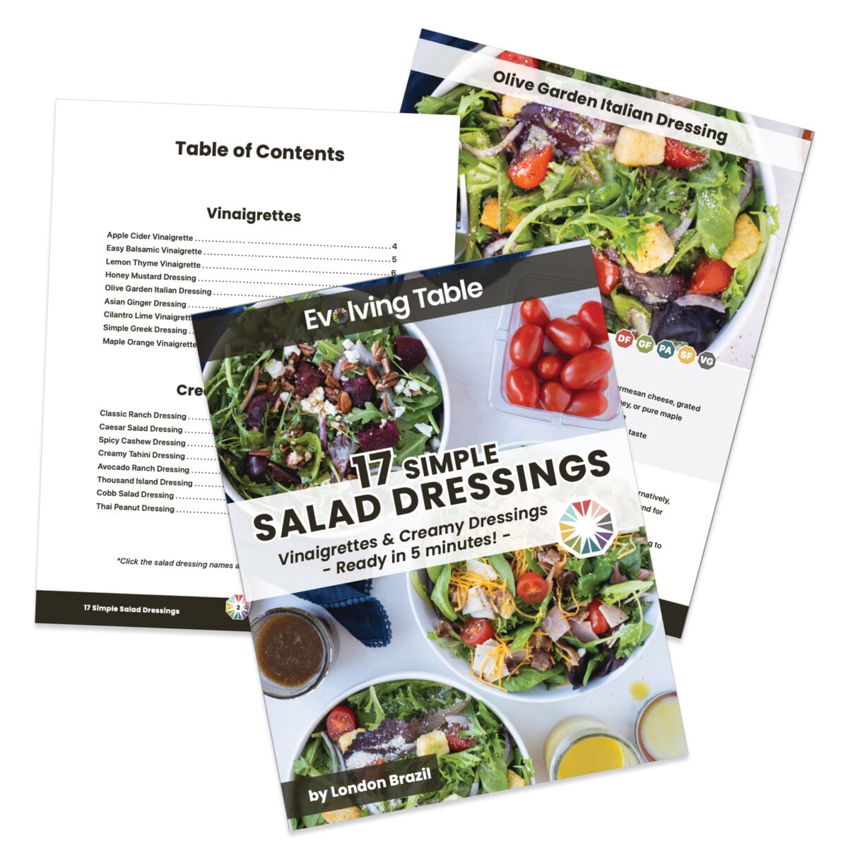 A cover, table of contents, and recipe page for the 17 healthy salad dressings e-book.
