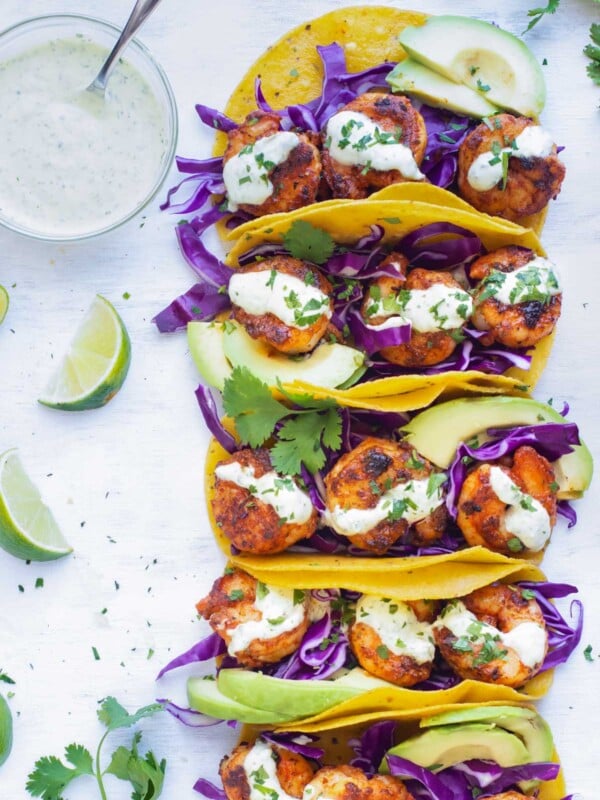 Overhead picture of easy blackened shrimp recipe with sauce on the side.