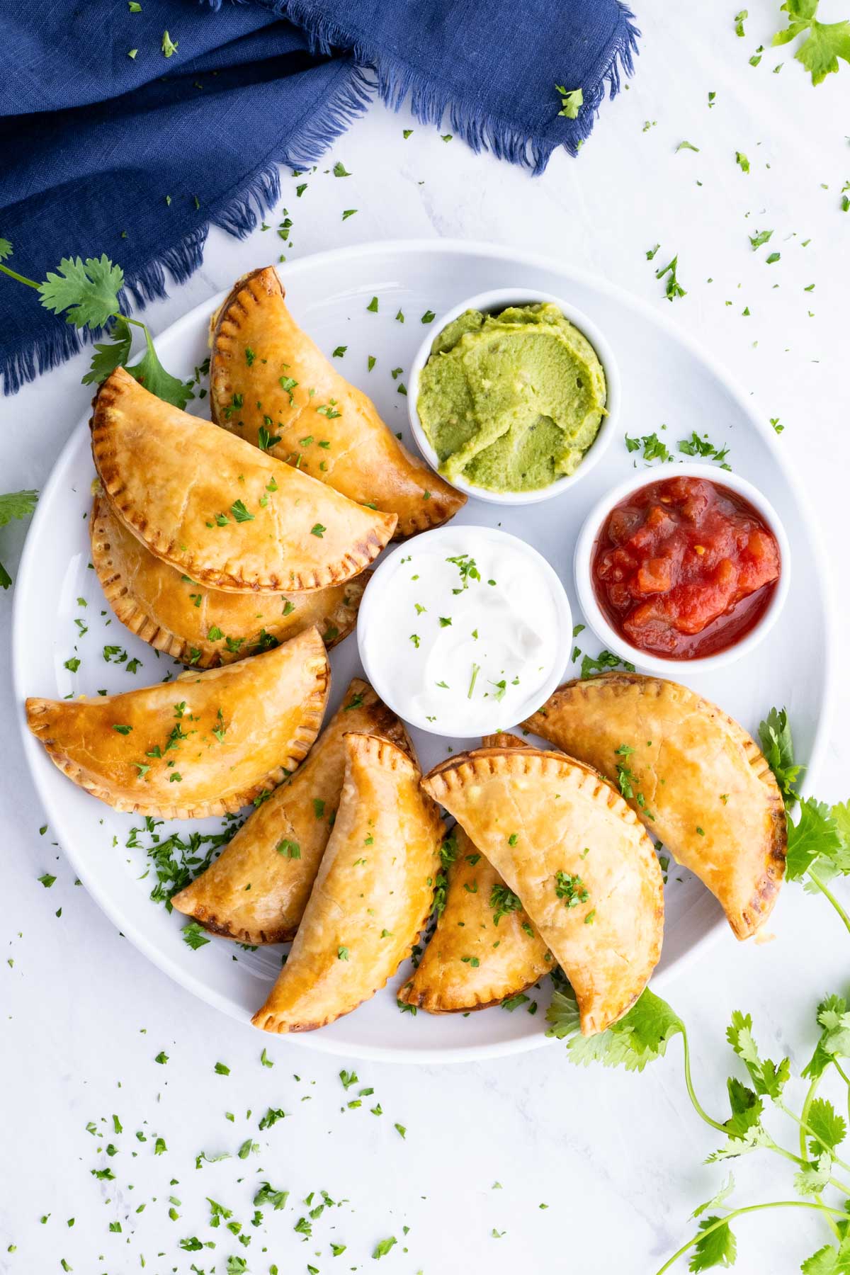Empanadas are served on a plate with salsa, sour cream, and guacamole.