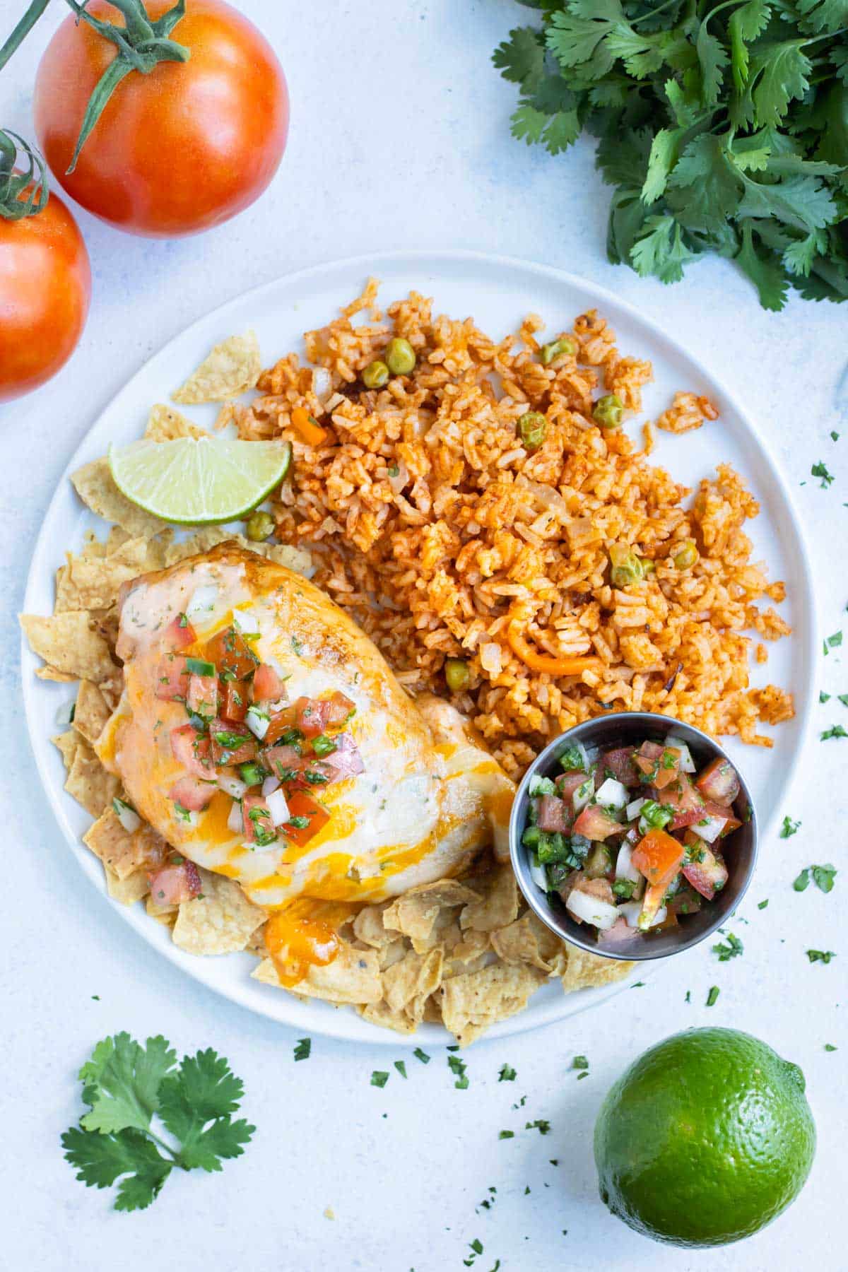 Fiesta lime rice is served with Mexican rice, fresh pico, and tortilla chips.