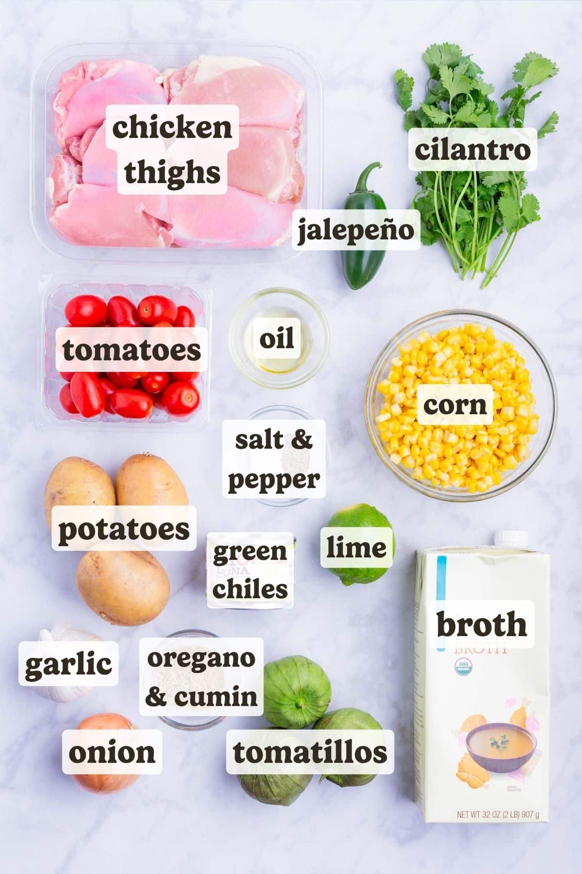 Chicken, tomatillos, green chiles, tomatoes, onion, corn, and potatoes are the main ingredients for this green chile chicken soup dish.