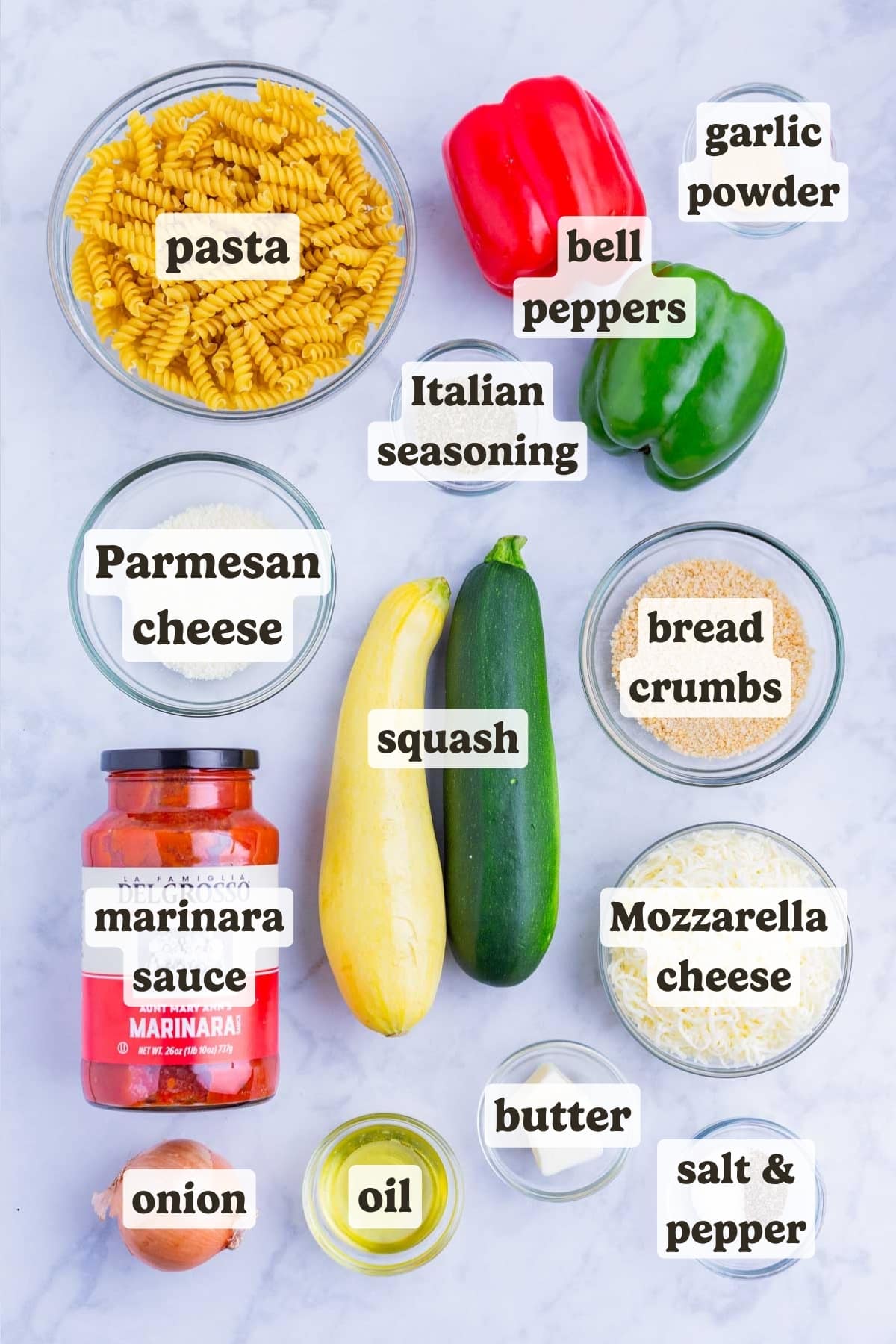 Pasta, vegetables, spaghetti sauce, cheese, and breadcrumbs are the main ingredients for this pasta bake dish.