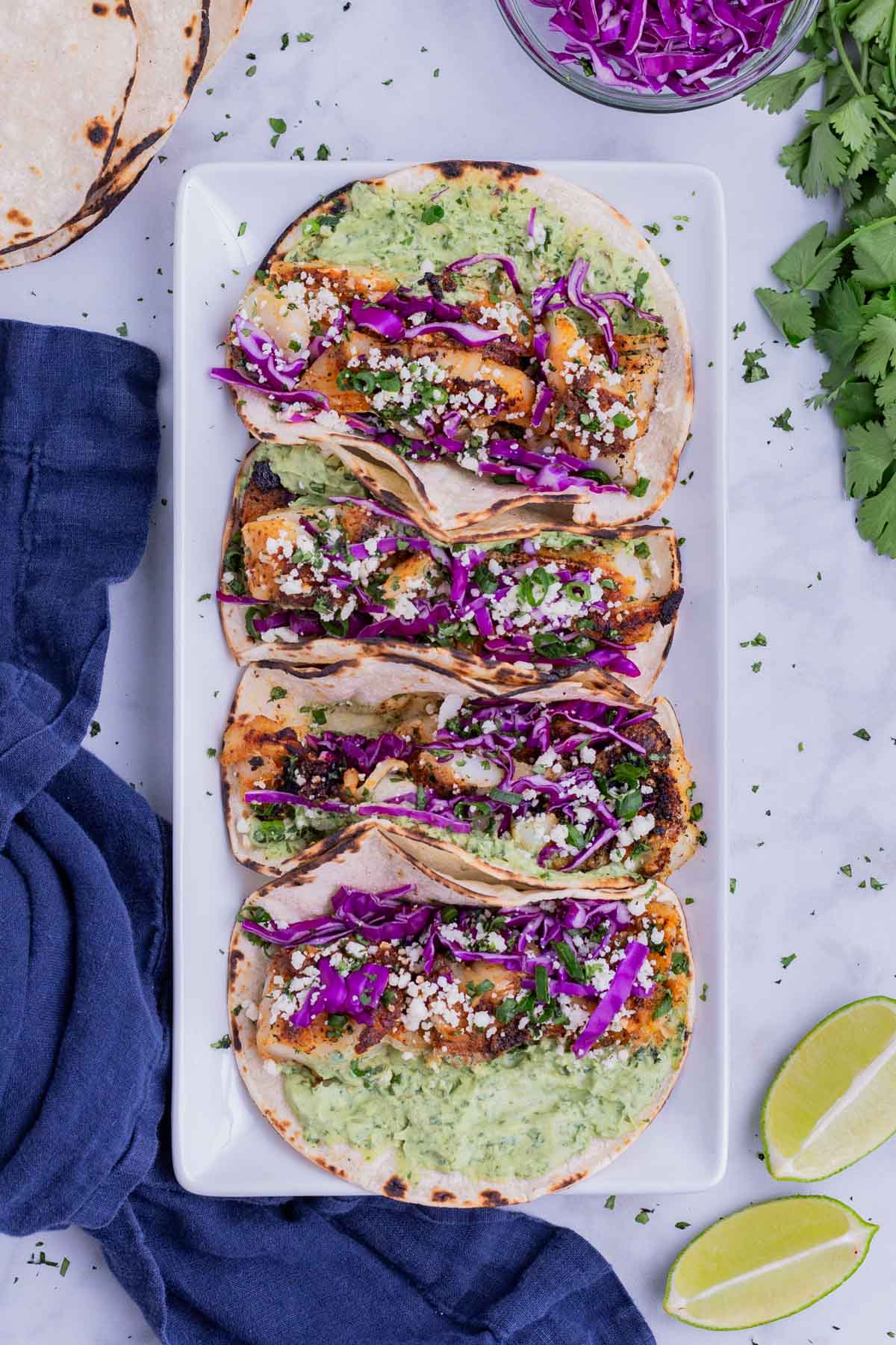 Blackened Fish Tacos with Avocado Sauce 