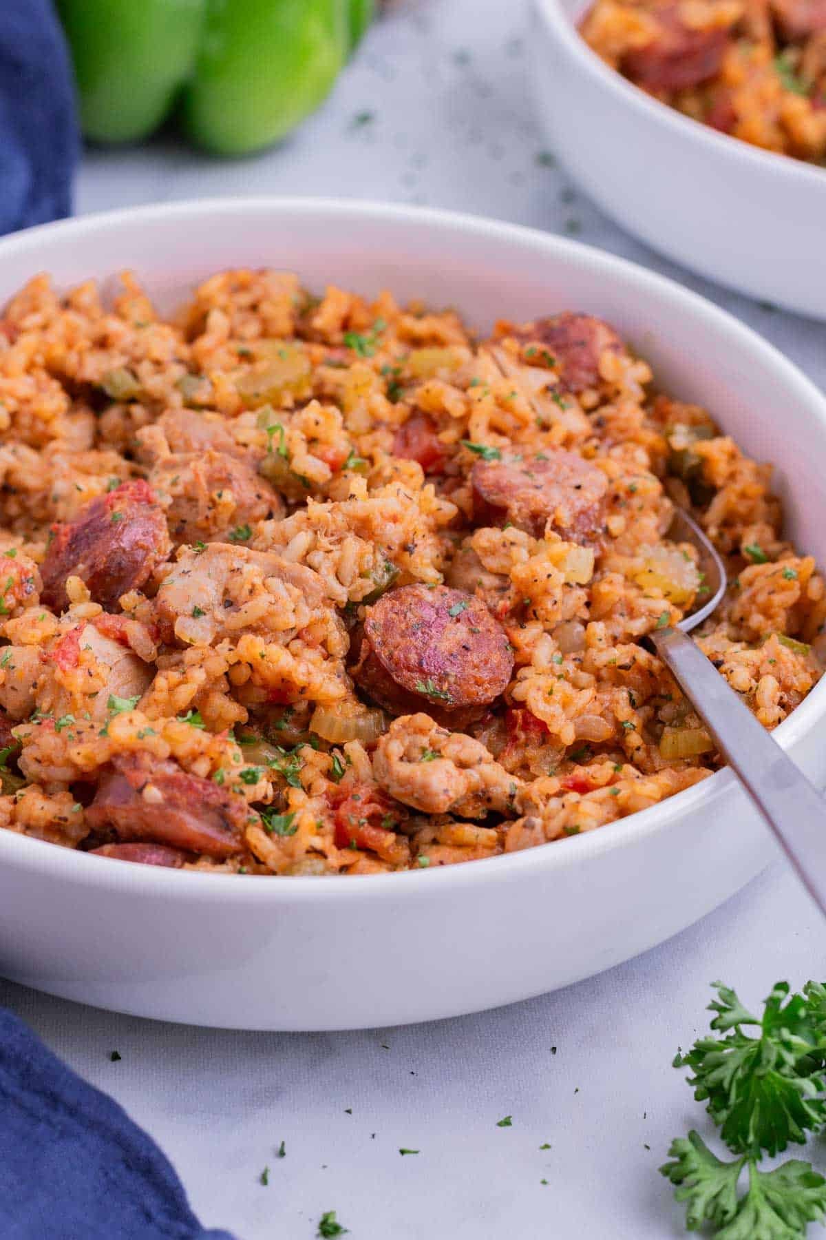 Jambalaya is filled with rice, chicken, and sausage and seasoned with Cajun spices.