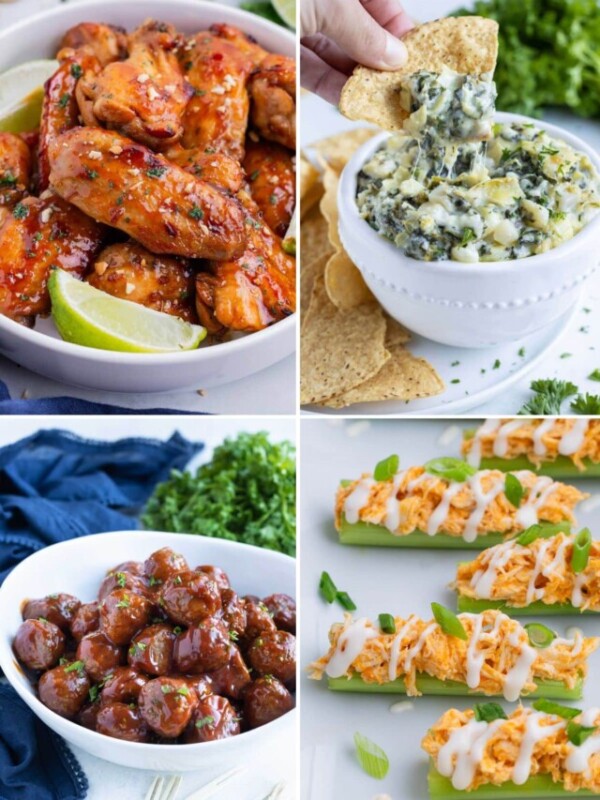 A collage image made from four different healthy super bowl recipes.