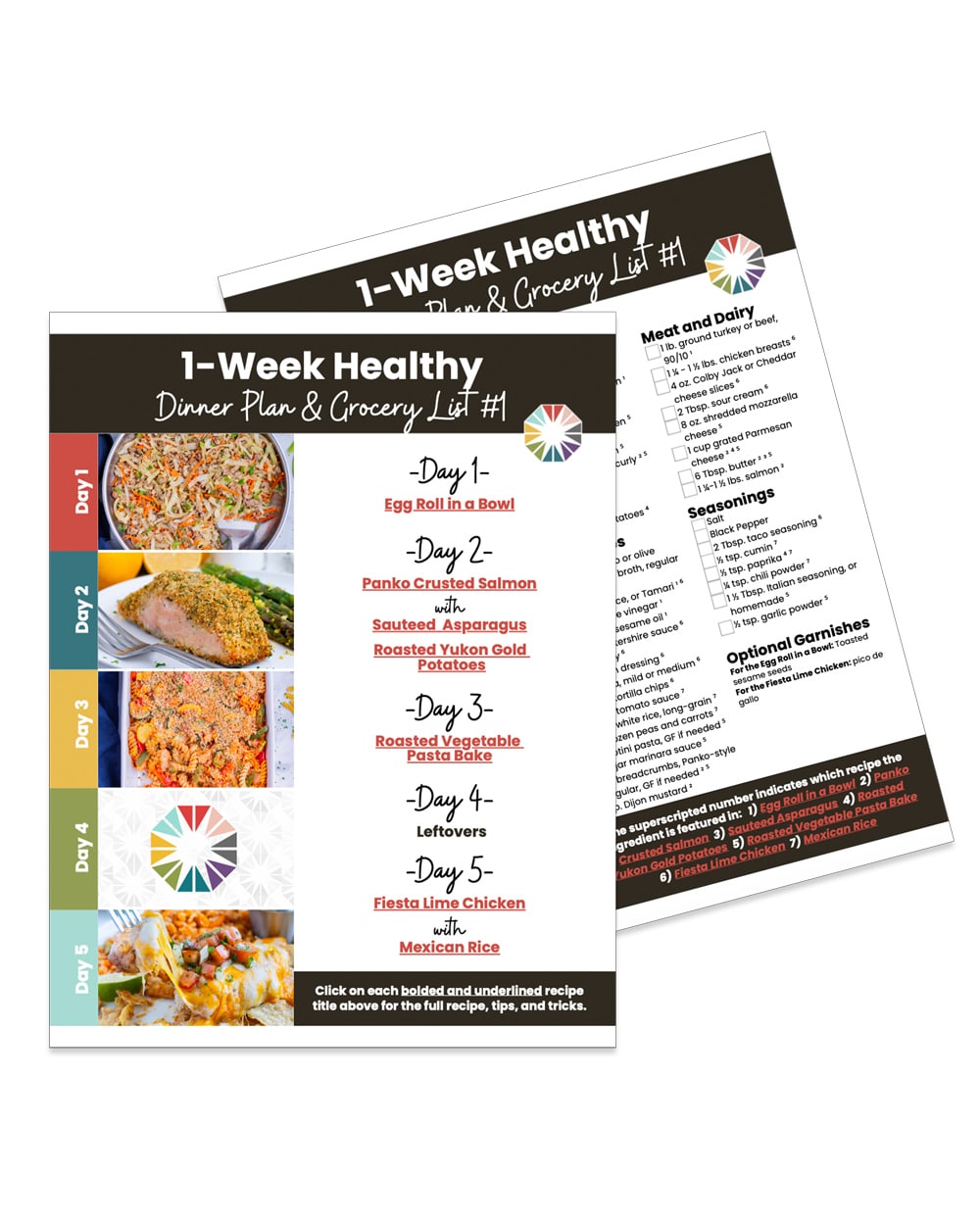A free 1-week healthy dinner meal plan and grocery list.