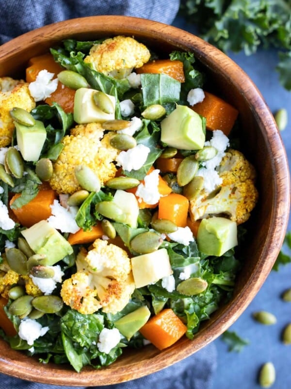 A roasted vegetable salad recipe with kale and cauliflower.