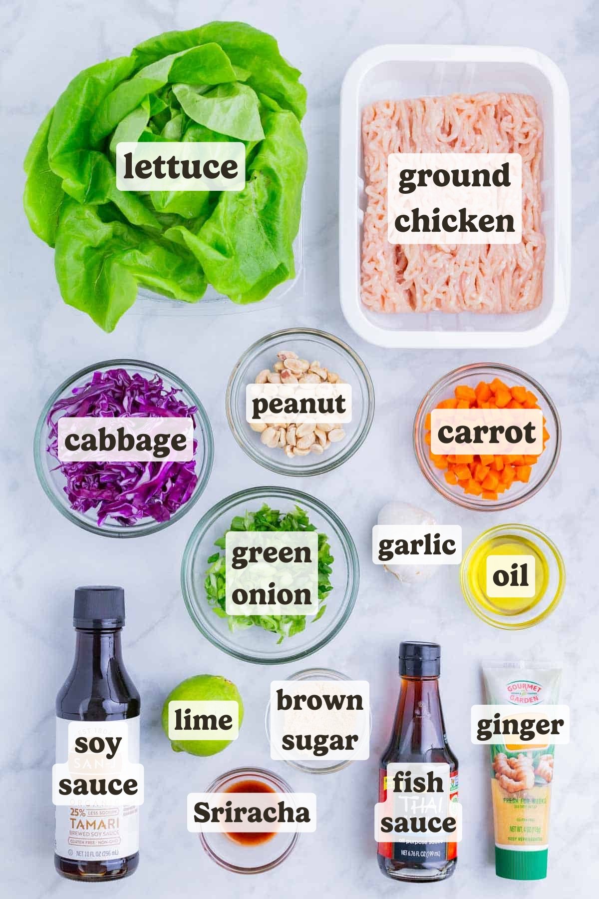 Ground chicken, carrots, soy sauce, fish sauce, garlic, and seasonings are the main ingredients for this lettuce wrap dish.