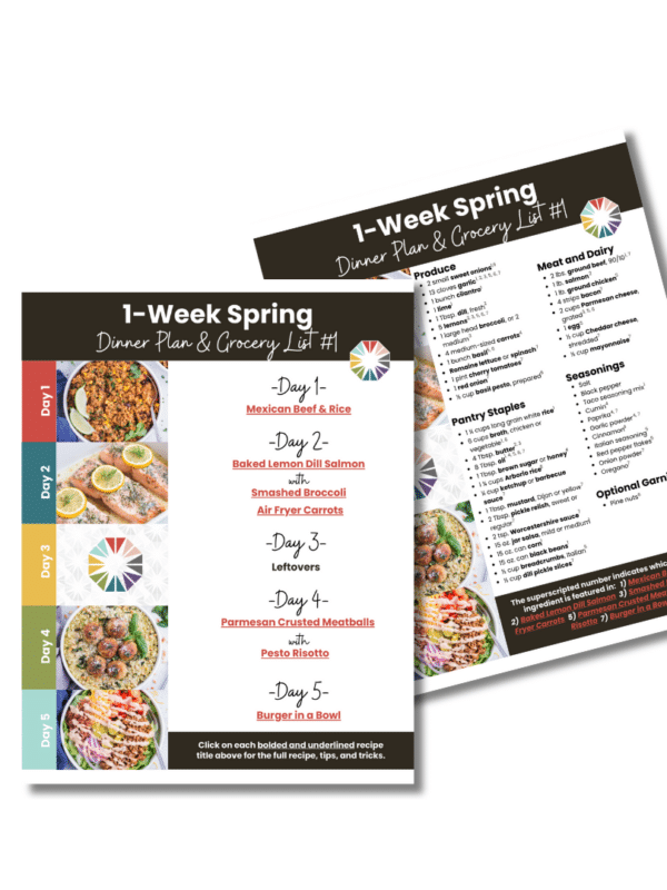 An image of 4 different spring recipes for a 1-week meal plan.